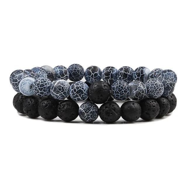 Long Distance Couples Bracelets - Matching Lava Stone & Howlite Bead Bracelets, Set of 2