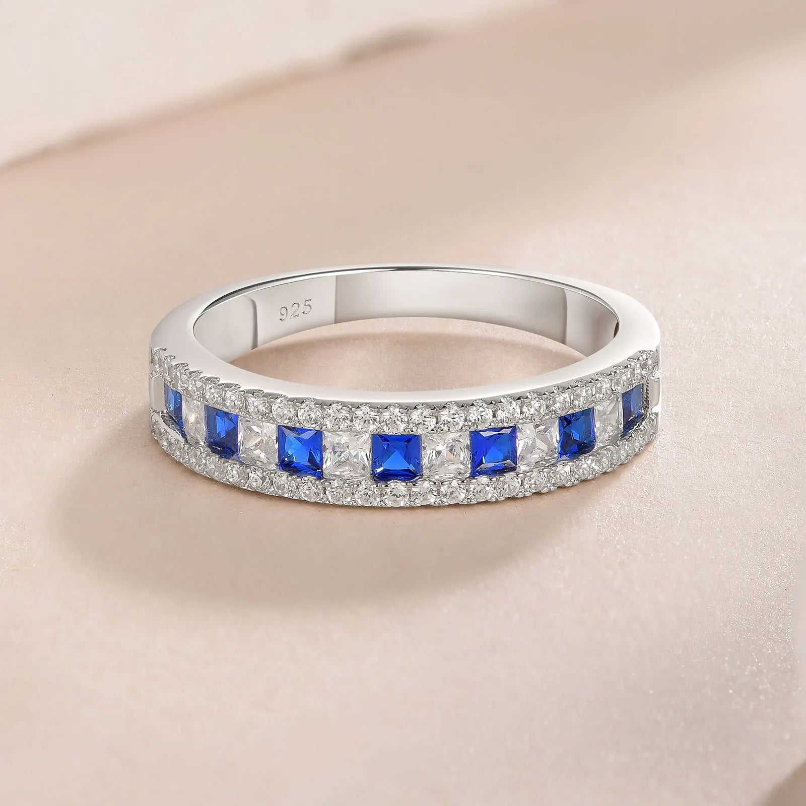 Princess Zircon Half Eternity Ring 925 Sterling Silver White Blue Sapphire Wedding Band