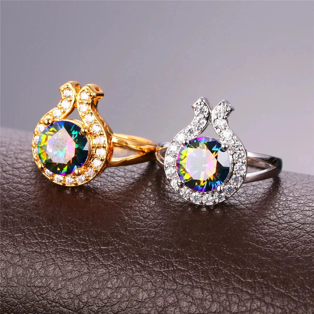 U7 White CZ Round Rainbow Topaz Gemstone Rings