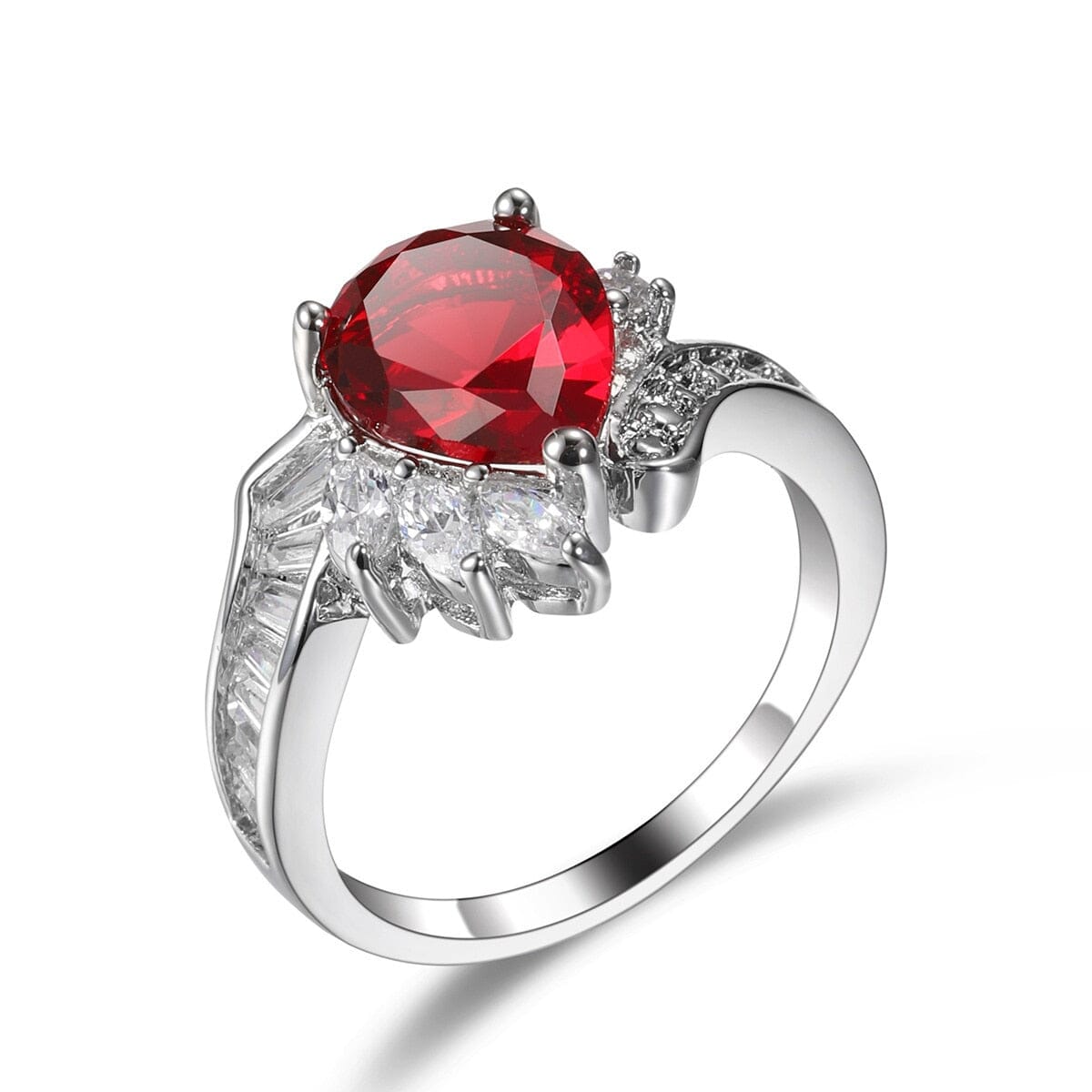 Water Drop Shaped Red Ruby Silver RingRing