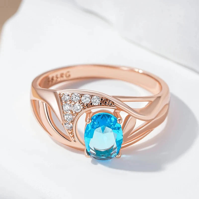 Blue Zircon Drop Ring – 585 Rose Gold for Women