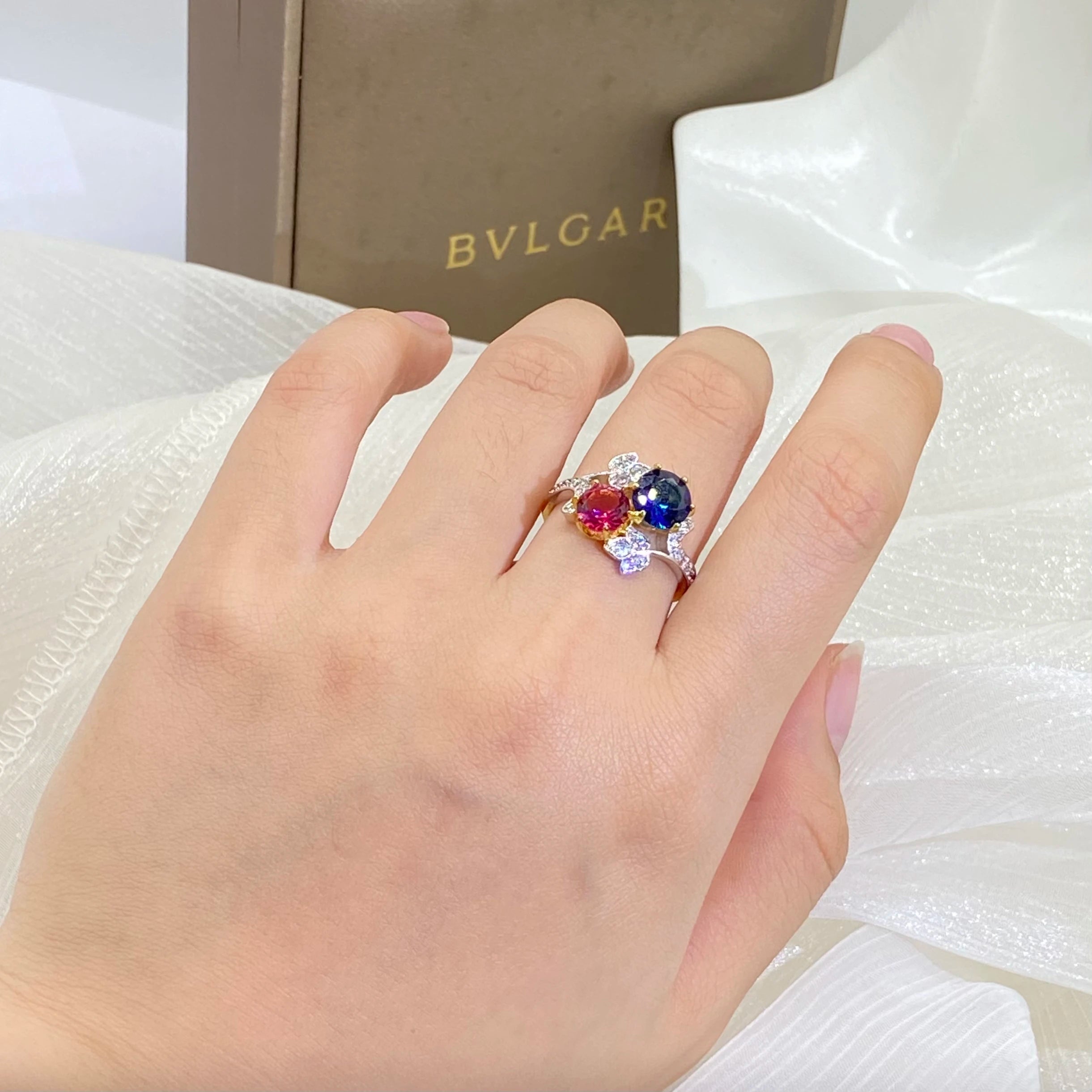 Elegant 925 Stamp Ring Sapphire Ruby Flower Plant