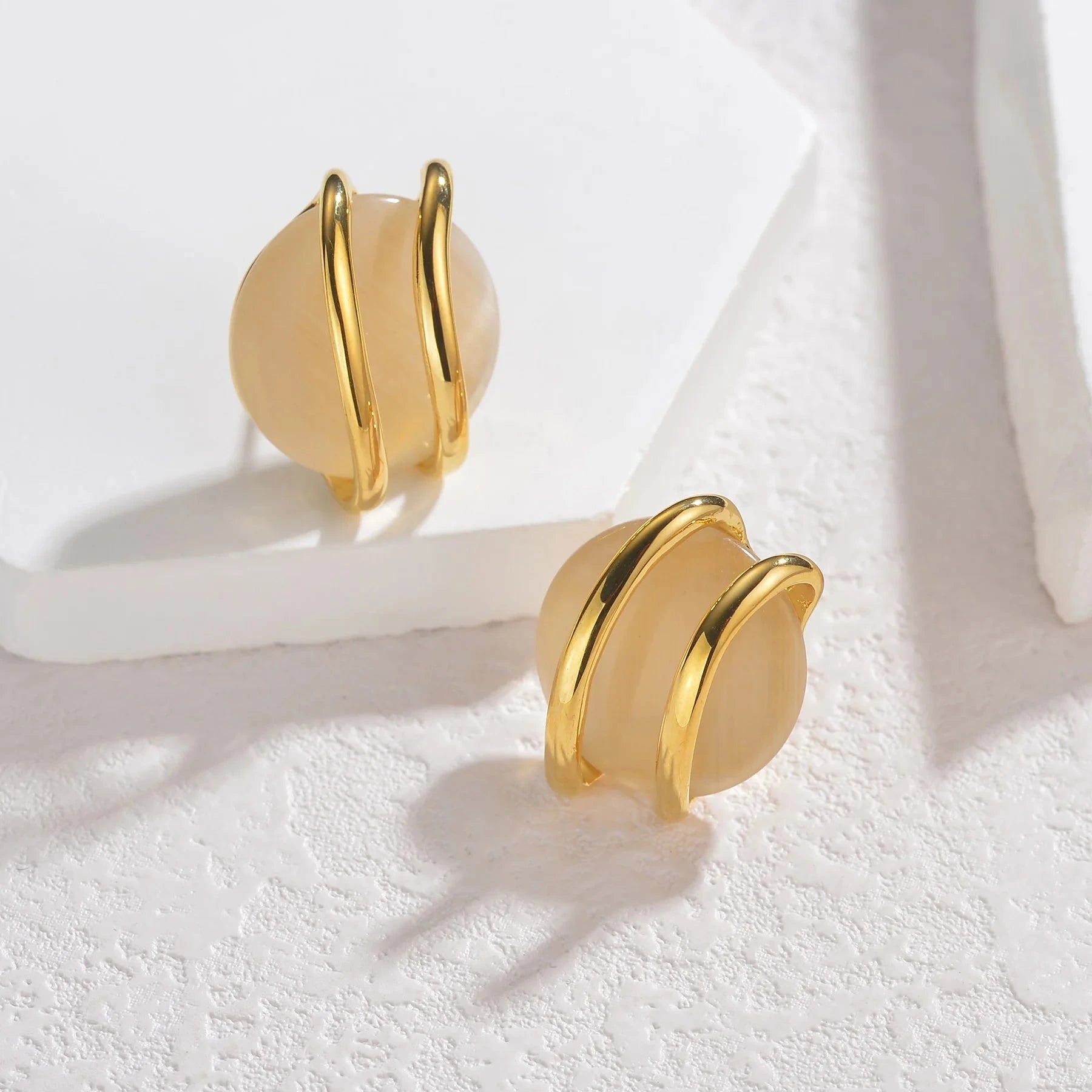 Fashion Stainless Steel Round Natural Stone Stud Earrings Necklace