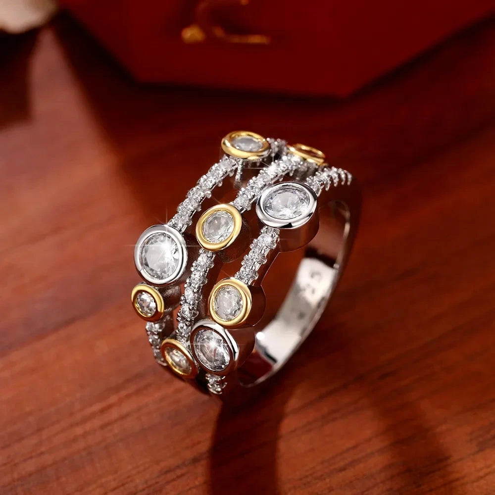 Triple Band Ring Double Color Sparkling Diamond Ring for Women