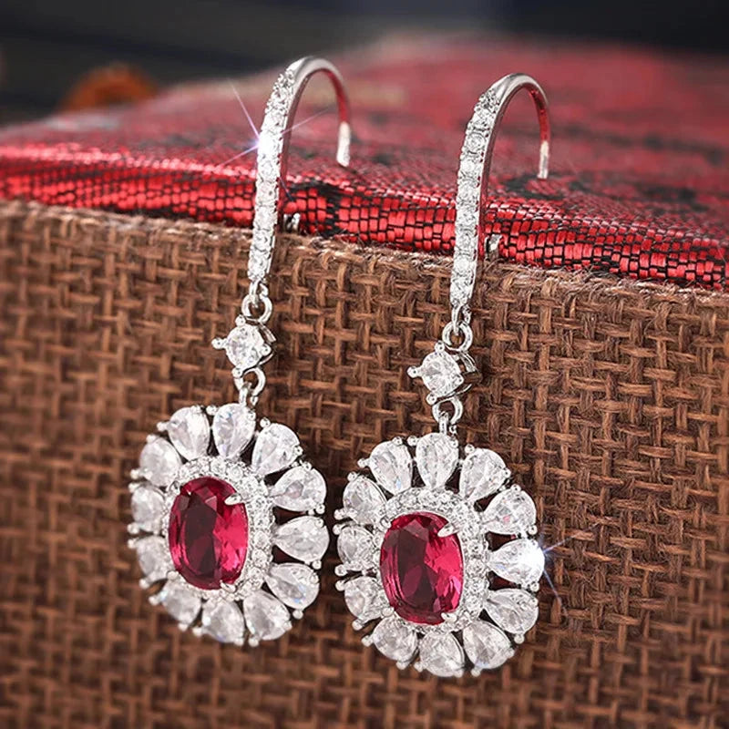 Light Luxury Elliptical Flower Zircon Earrings for Women