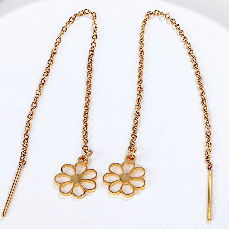 Elegant Gold Plated Flower Long Dangle Tassel Earrings for Women