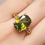Olive Green Crystal August Birthstone Ring – Vintage Gold Tone