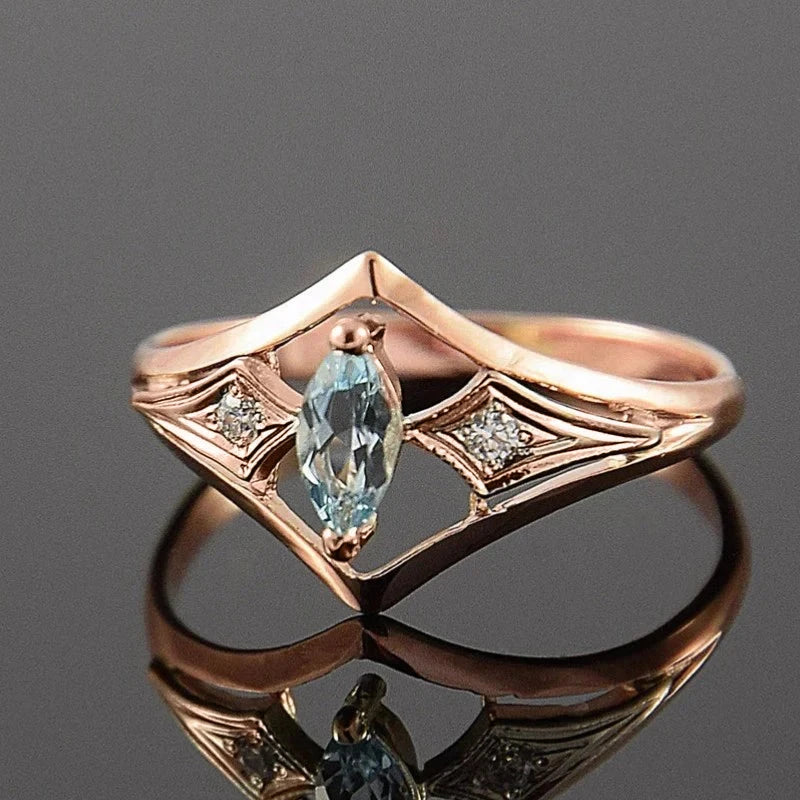Rose Gold Marquise Blue Cubic Zirconia Elegant Women Rings6Q362