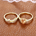 Huitan Champagne CZ 2Pcs Women Rings Aesthetic Wedding Accessories Gold Color Exquisite Leaf Rings Party Fashion Jewelry Sets
