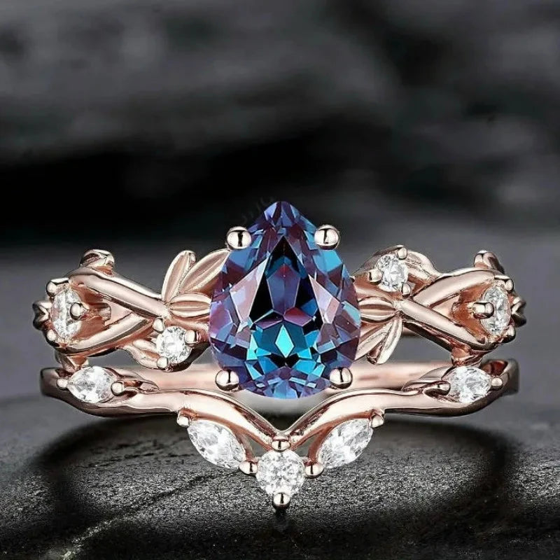 Rose Gold Blue & White Stone Waterdrop Ring Set for Women