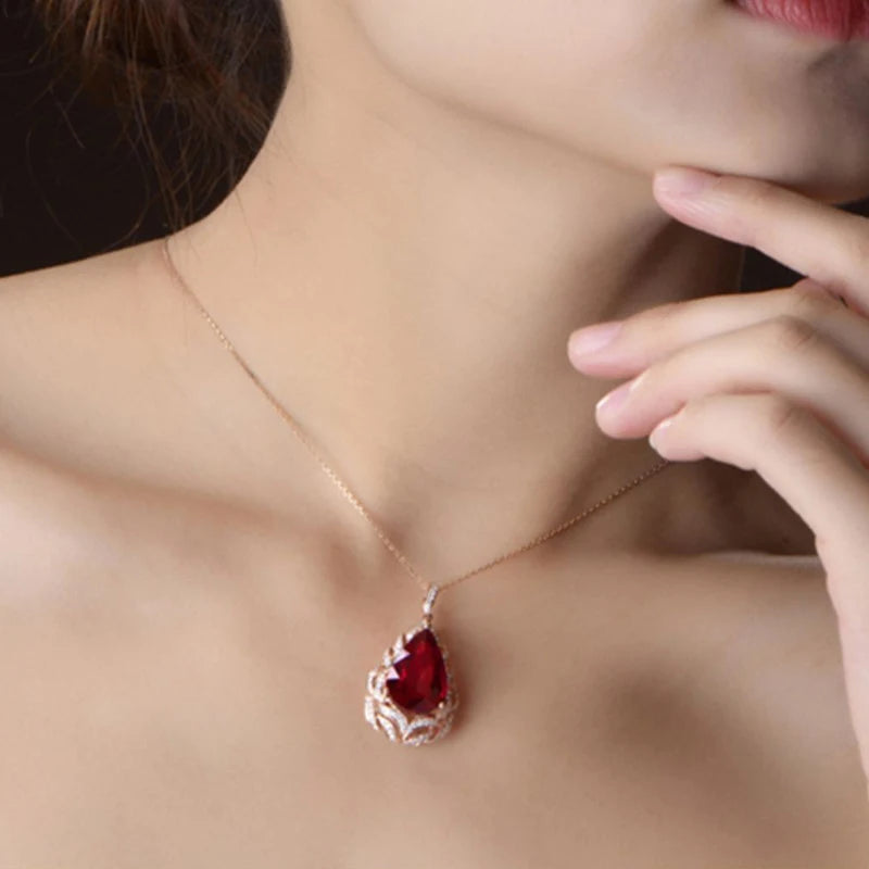 Rose Gold Color Elegant Romantic Ruby Red Tourmaline Pendant Necklaces