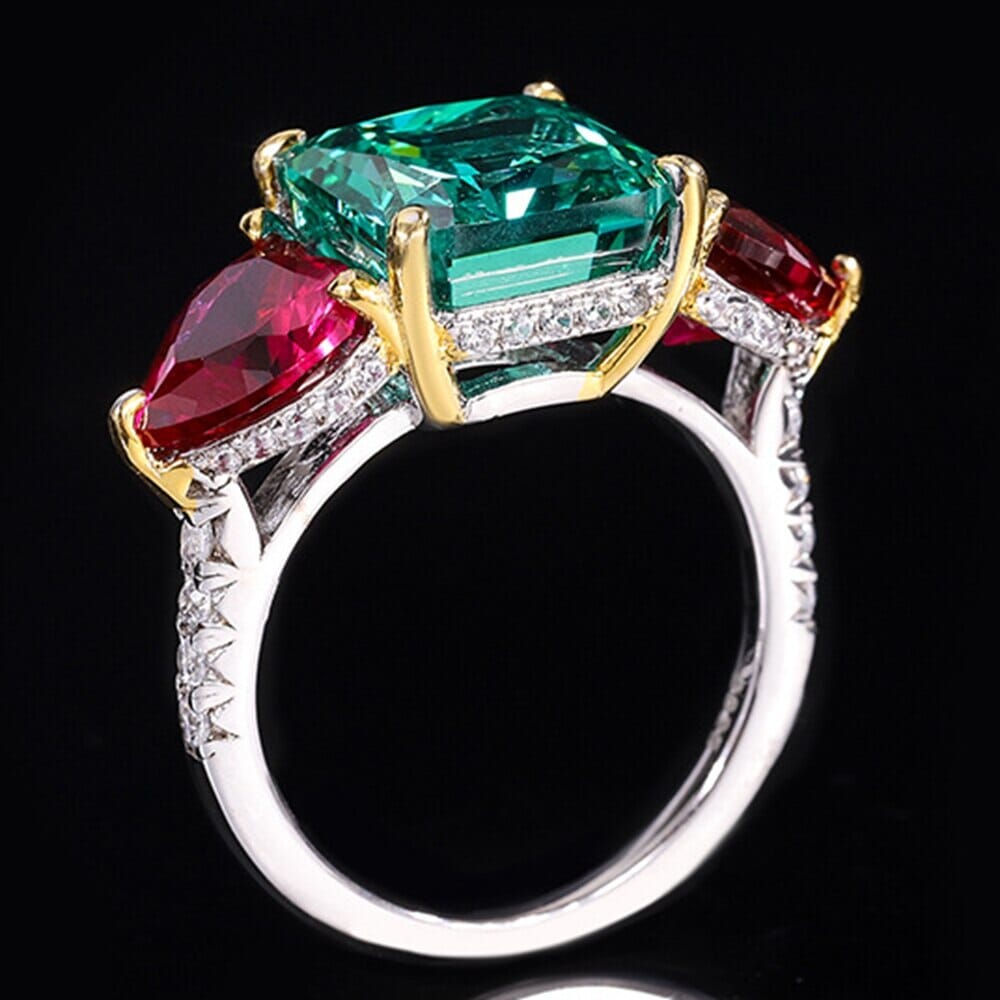 Heart Ruby and Emerald Square 925 Sterling Silver RingRing