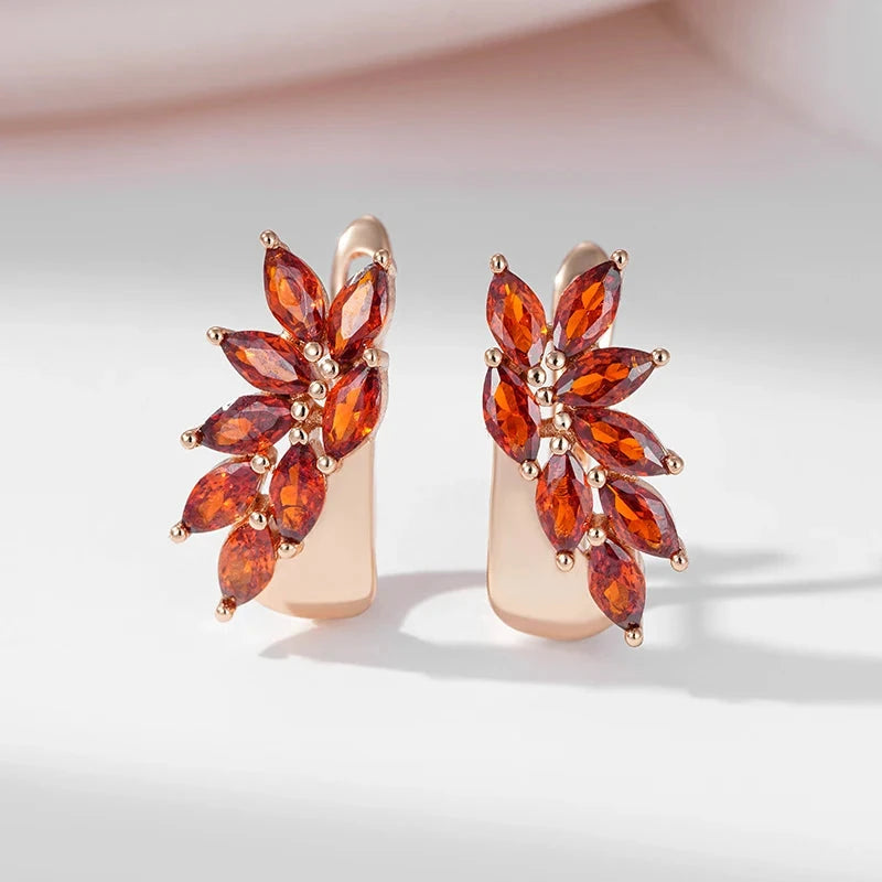 Natural Zircon Red Leaf Rose Gold Earrings
