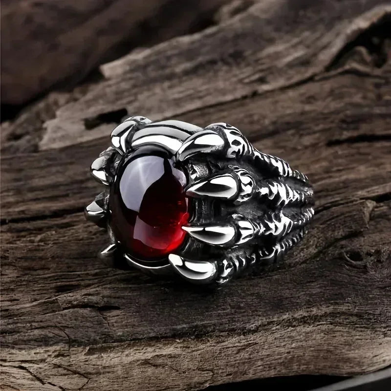 Dragon Claw Vintage Punk Gothic Ruby Men's Alloy Casting Ringwine redantique silver