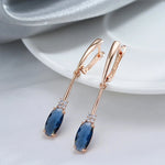Luxury 585 Rose Gold Oval Blue Long Dangle Earrings for Women