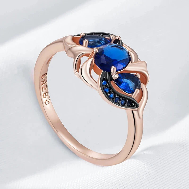 Black Plating Vintage Blue Zircon Rose Gold Ring for Women