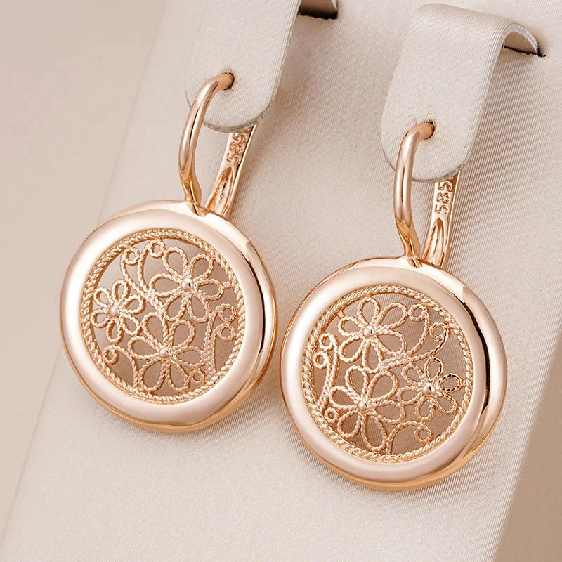 Luxury 585 Rose Gold Glossy Metal Flower Dangle Earrings for Women