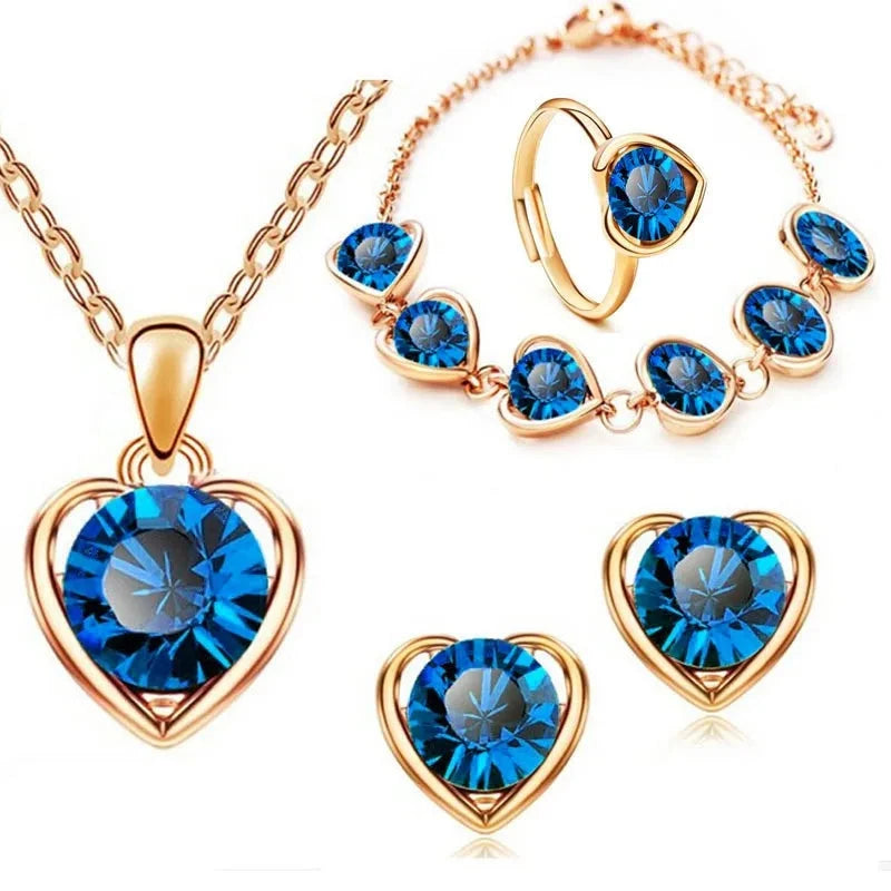 Blue Crystal Ring Necklace Earrings Set Wedding Jewelry SetsStyle2 BlueG