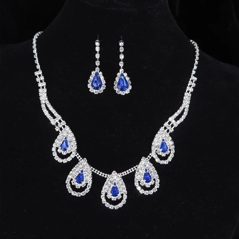 Luxury Blue Rhinestone Silver Plated Necklace Earrings Set FashionImitation Rhodium Plated