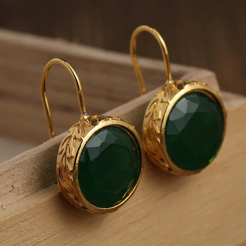 Trendy Gold Color Green Stone Unique Earrings