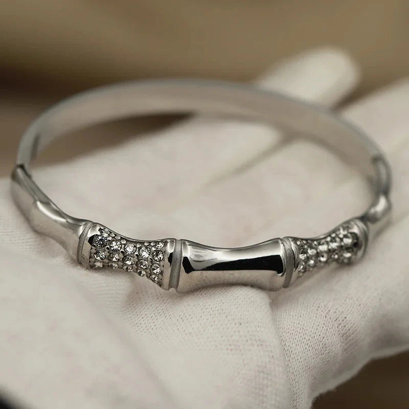 Classic Crystal Bamboo Bangle – Stainless Steel BraceletH0201-S-bamboo