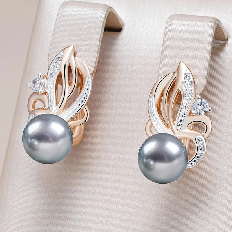 585 Rose Gold Natural Zircon Flower Gray Pearl Drop Earrings for Women