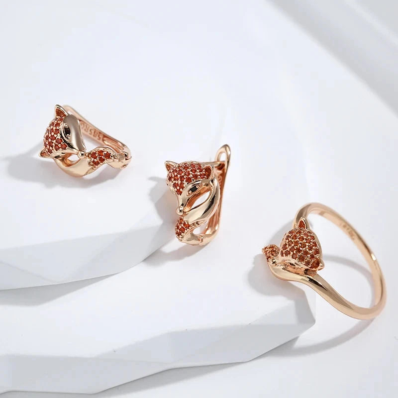 SYOUJYO Cute Red Fox Stud Earrings For Women 585 Rose Golden Natural Zircon Animal Luxury Jewelry Party Gift