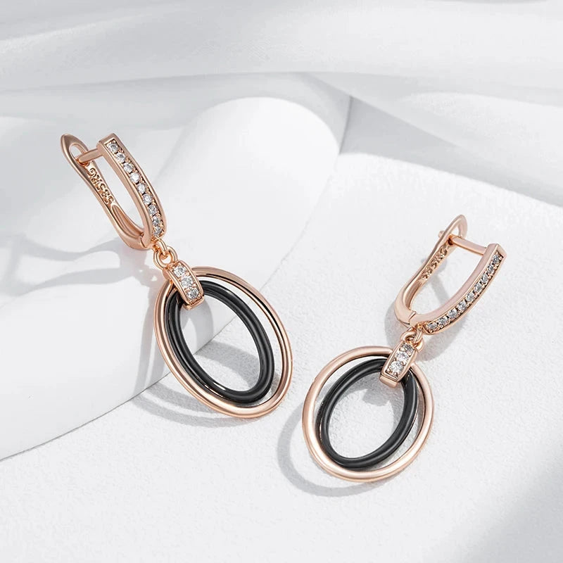 585 Rose Gold Oval Black Ceramics Long Drop Earrings For Women