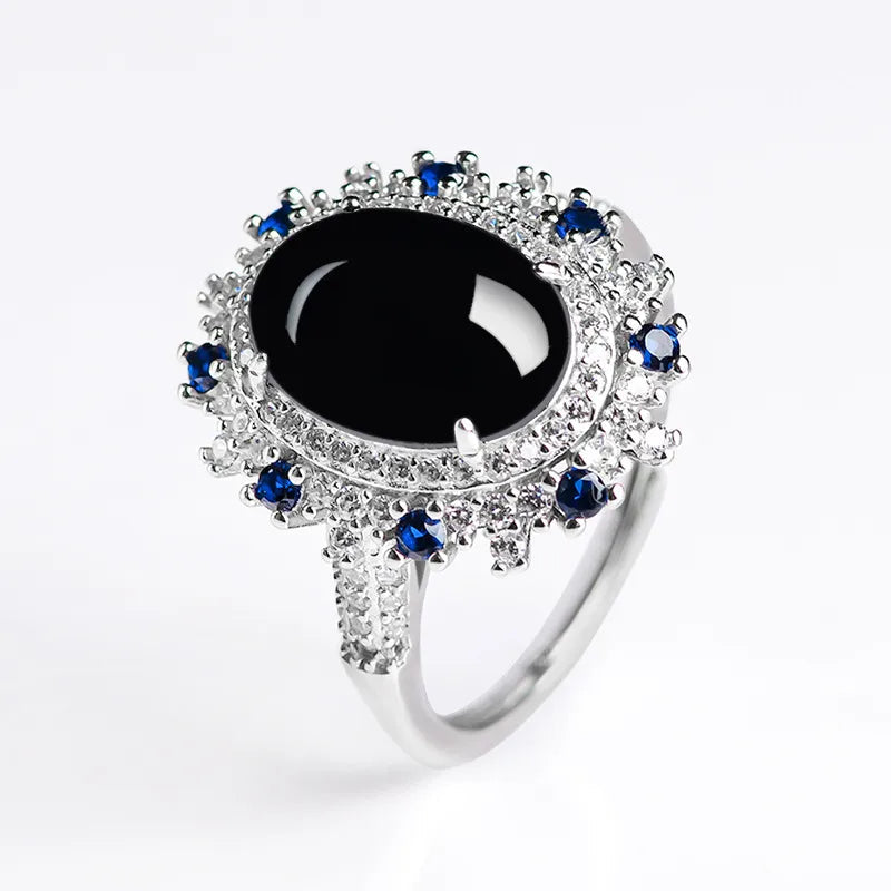 Black Jade Inlaid with Sapphire 925 Sterling Silver Resizable RingRing