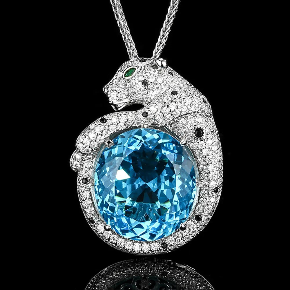 Women's Ruby Topaz Aquamarine Leopard Pendant Necklace Fine JewelryBlue45 cm