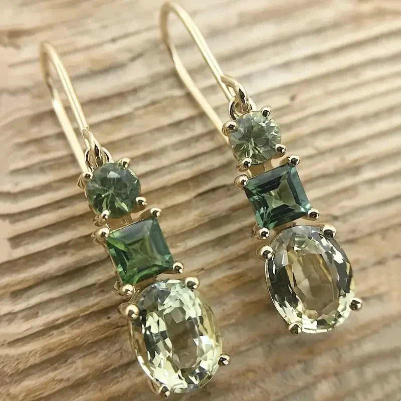 Delicate Gold Color Inlaid with Green Zircon Dangle Earrings for Women