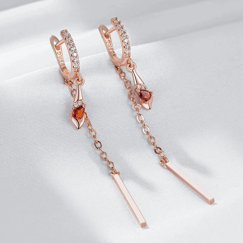 Red Zircon Rose Gold Long Tassel Dangle Earrings for Women