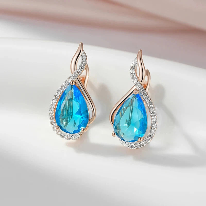 585 Rose Gold Flash Blue Drop Natural Zircon Micro Wax Setting Earrings For Women
