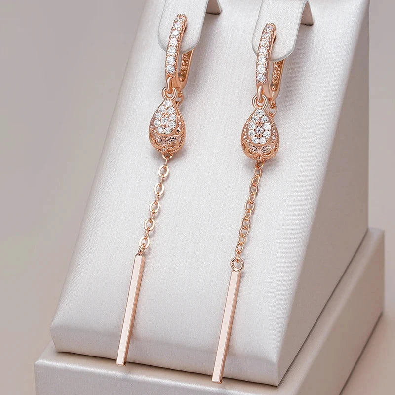 585 Rose Gold Tassel Water Drops Dangle Earrings For Women