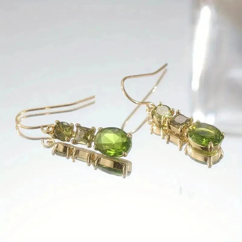 Delicate Gold Color Inlaid with Green Zircon Dangle Earrings for Women