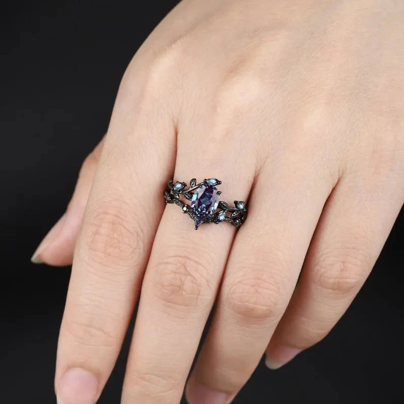 Retro Gun Black Leaf Ring with Colorful Stones