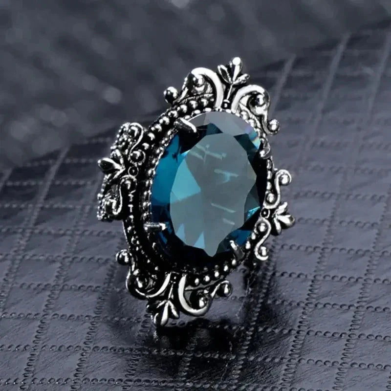 Ethnic Bohemia Blue & Black Caved Ring