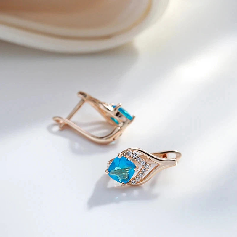 Rose Gold Square Blue Zircon Drop Earrings for Women