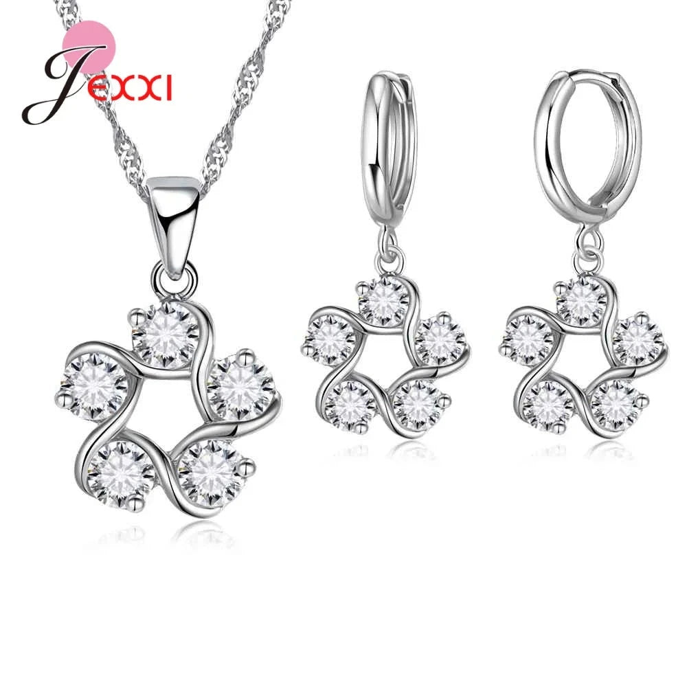 Trendy 925 Silver Color Jewelry Sets Cubic Zirconia Pendants Necklaces Charm Hoop Earrings Wedding Anniversary Gift For WomenT49701