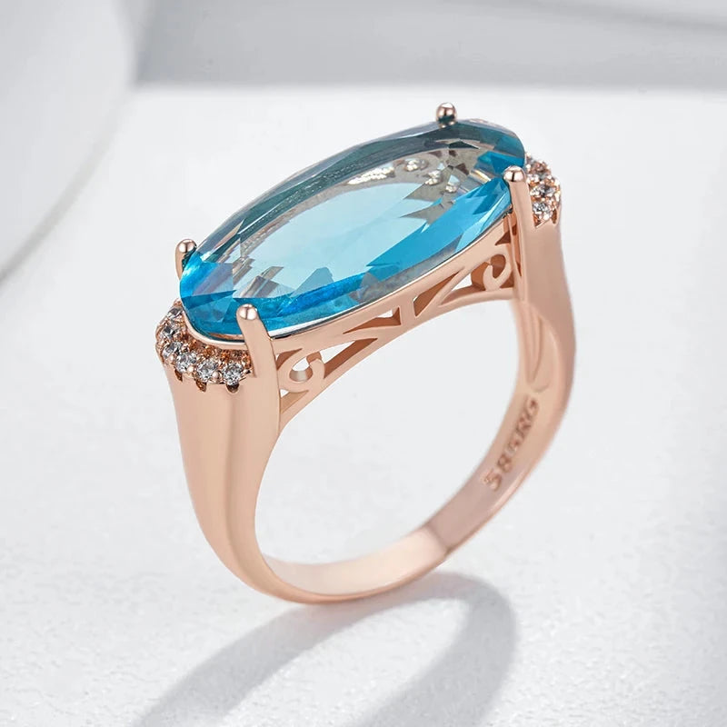 585 Rose Gold Blue Oval Ring for Women