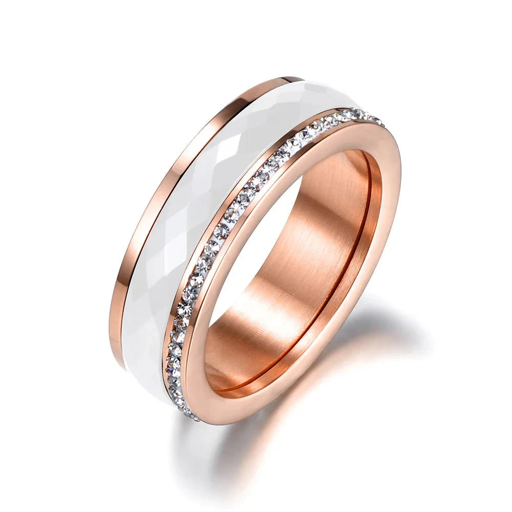 Stainless Steel White Ceramics Rings Jewelry Gold Color CZ Crystal Rings