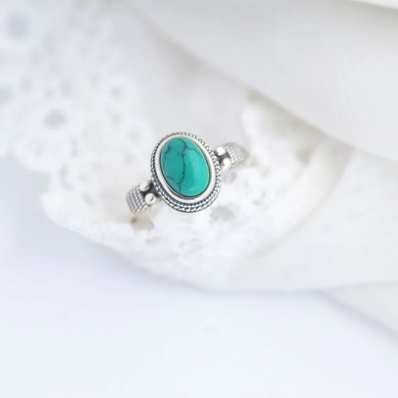 Creative 925 Silver Inlaid Blue-green Ring Single Row Exquisite