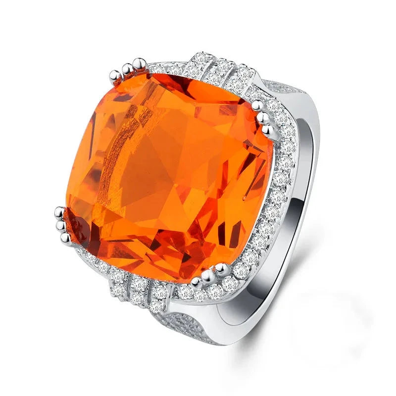 Sterling Silver Orange Zircon Geometric Ring for Women