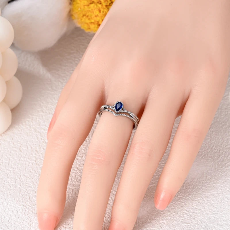 Retro European Style 925 Sterling Silver Sapphire Knot Shaped Double Layered Wishing Bone Ring