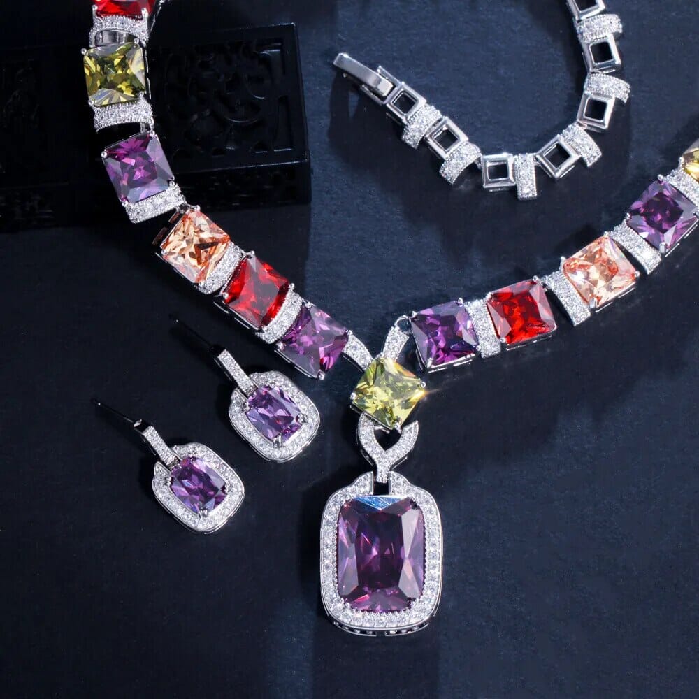 Colorful Diamond Jewelry Set (Earrings & Necklace)Jewelry Sets
