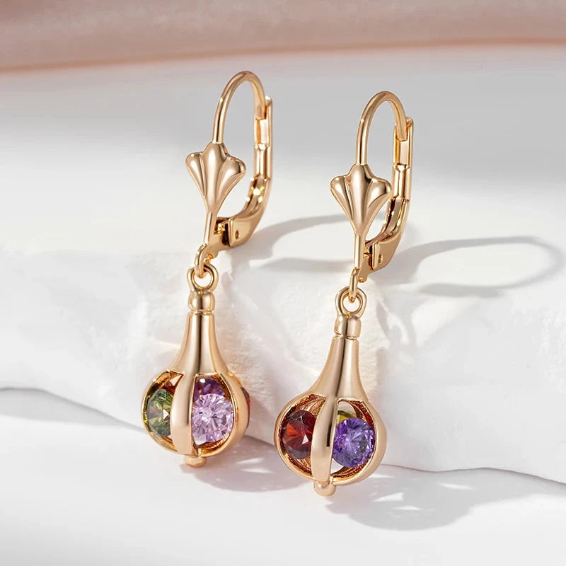 Red Natural Zircon Dangle Earrings For Women 585 Rose Gold