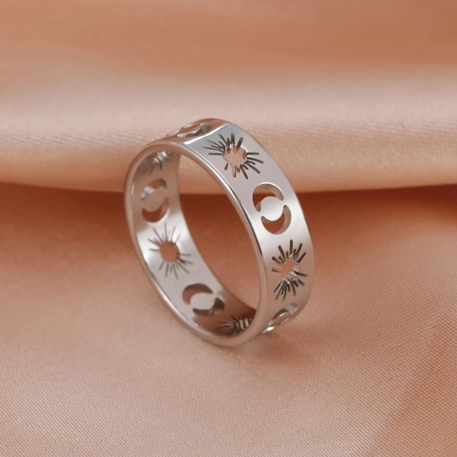Hollow Sun Moon Ring Stainless Steel Gold Color Women Rings