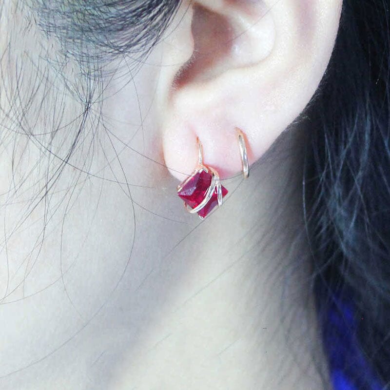 Square Ruby Ear Buckle Charm EarringsRing