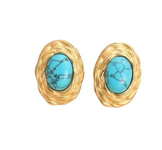 Natural Stone Turquoise Stud Earrings Gold Plated Stainless Steel