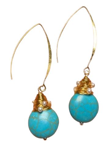 Retro Blue Turquoise Beads Twist Metal Design Drop Dangle Earring